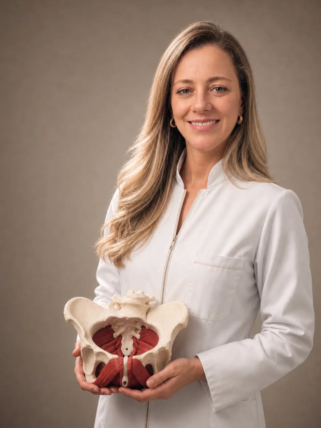 Marcela Soares Silveira, fisioterapeuta pélvica, sorrindo com um modelo anatômico da pelve nas mãos